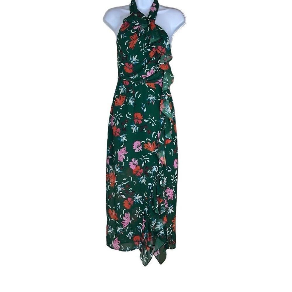 C/MEO Collective Elude Midi Dress Green Floral Front Ruffles‎ Halter Neck XS